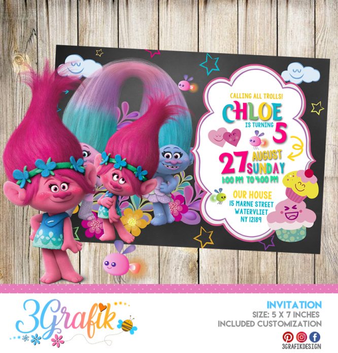 Trolls – Invitation – Printable - 3Grafik