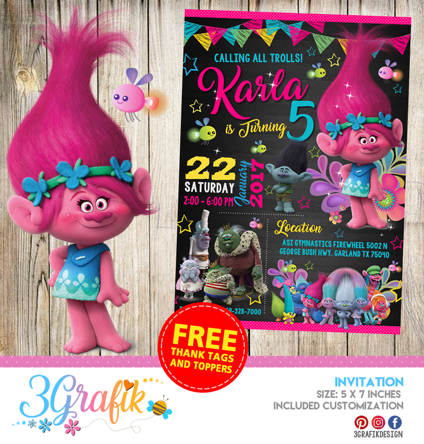 Trolls – Invitation – Printable - 3Grafik