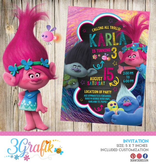 Trolls – Invitation – Printable - 3Grafik