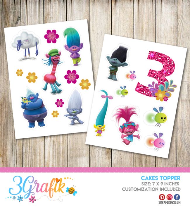 Trolls Cake Topper Pennant Printable 3Grafik