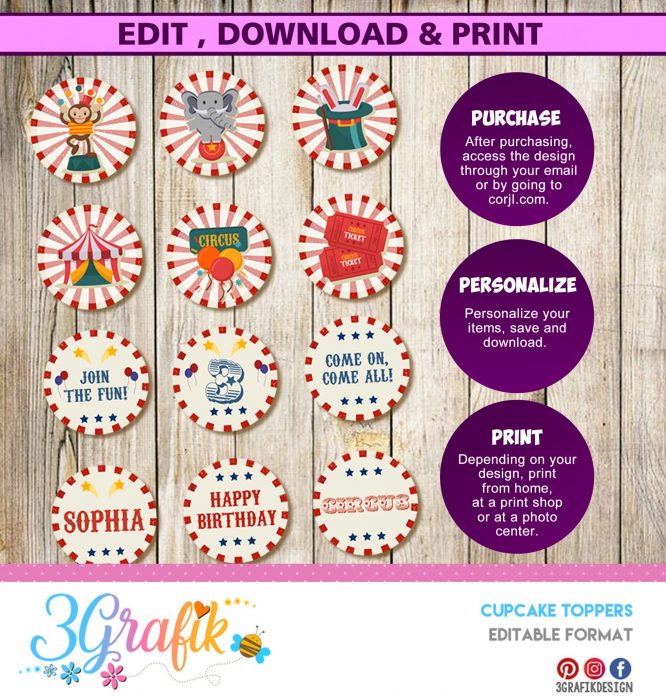 Circus – Cupcake Toppers – Printable - Image 2