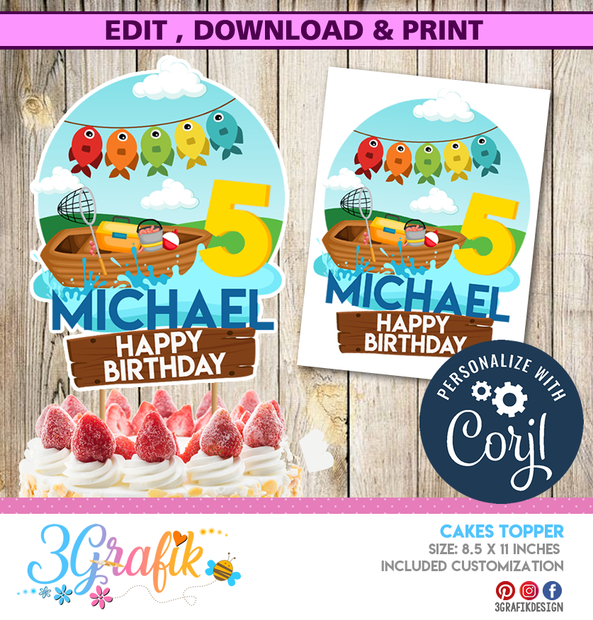 Download Fishing - Birthday - Cake Topper- Printable - 3Grafik