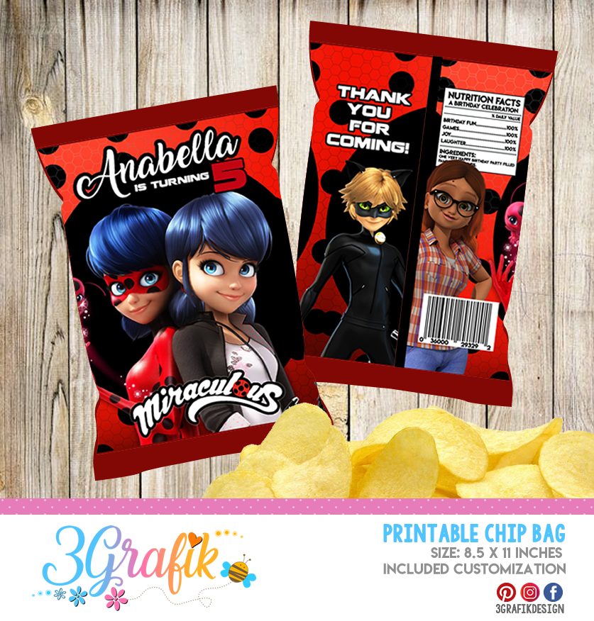 Miraculous Ladybug Chip Bags : Edit and Download | party supplies