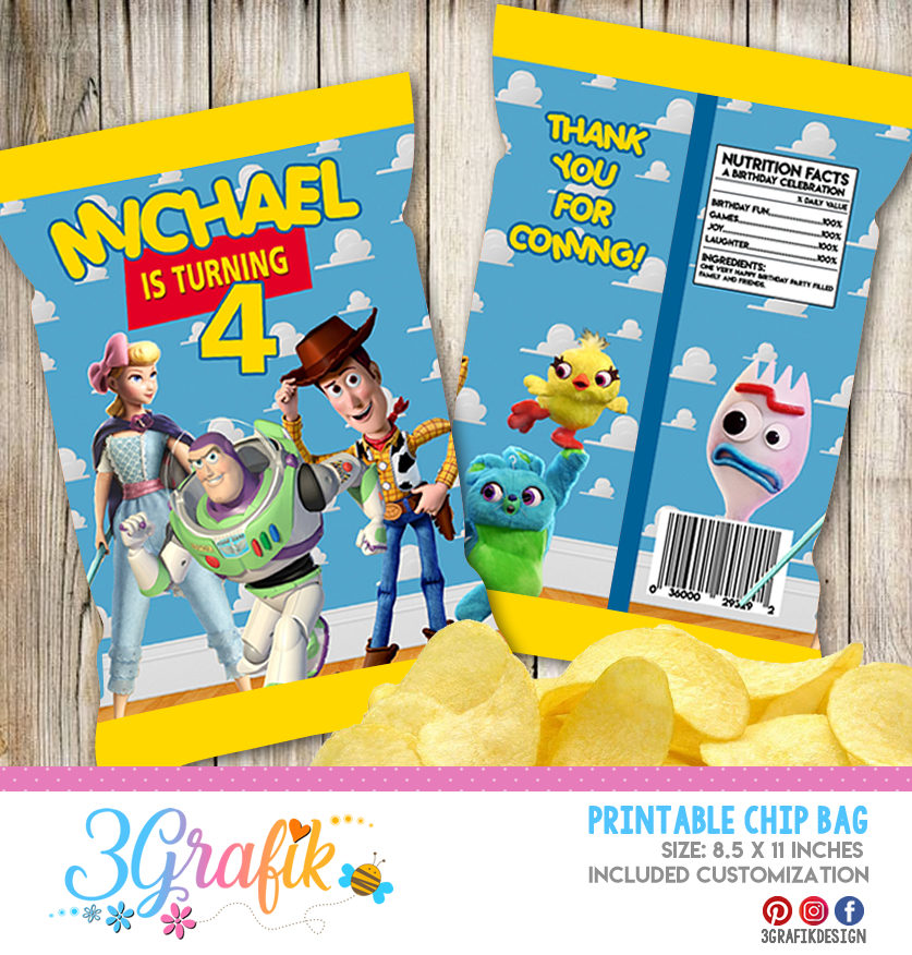 Toy Story 4 Birthday Chip Bag: Edit, Download and print | party supplies