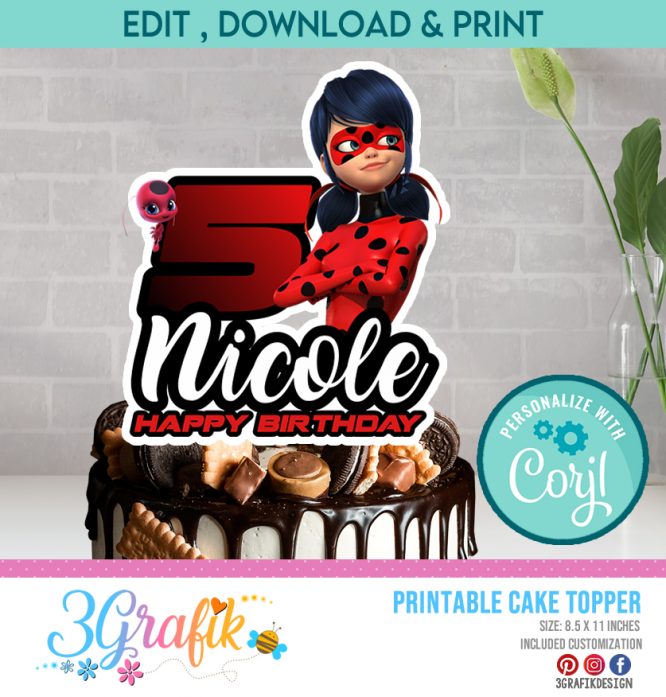 Miraculous ladybug cake topper digital