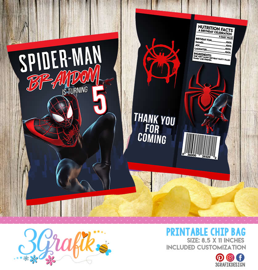 Miles Morales Spiderman Birthday Party Pack Chip Bag Lollipop Favor Bag  Juice Water Bottle Candy Bar Printables DIGITAL DOWNLOAD 