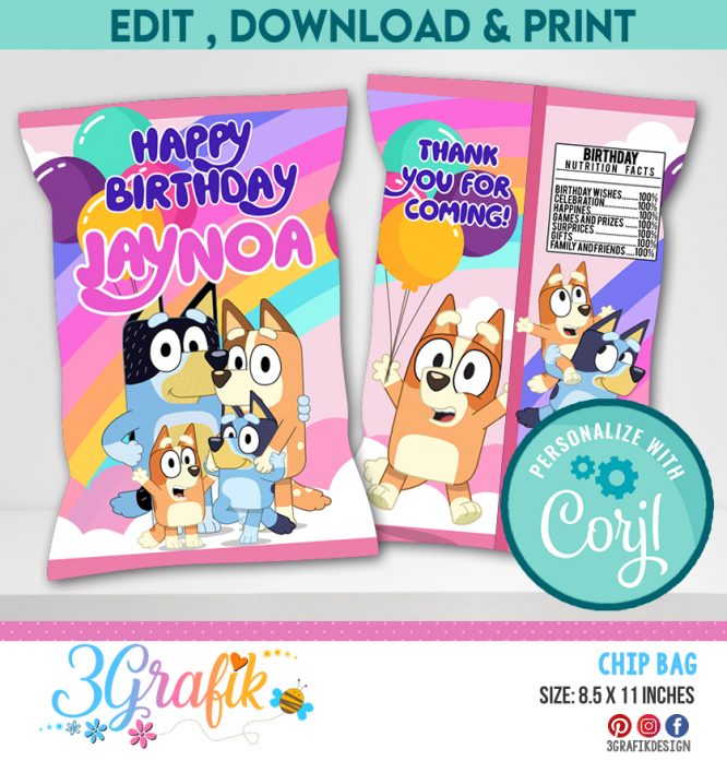 Bluey Girl Chip Bag template | Bluey Party | Bluey Birthday party