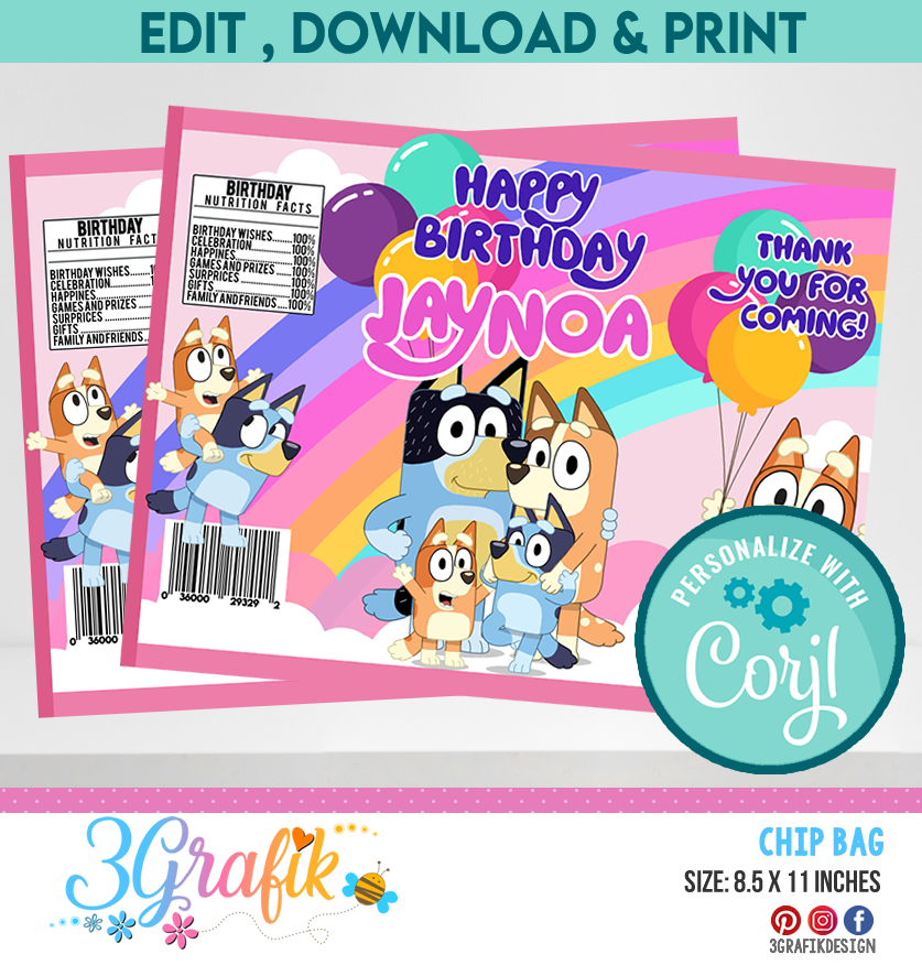 Bluey Girl Chip Bag template | Bluey Party | Bluey Birthday party