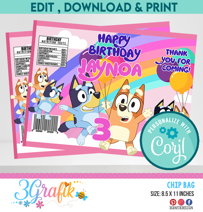 Bluey Girl Chip Bag Digital | Bluey Party | Bluey Birthday party