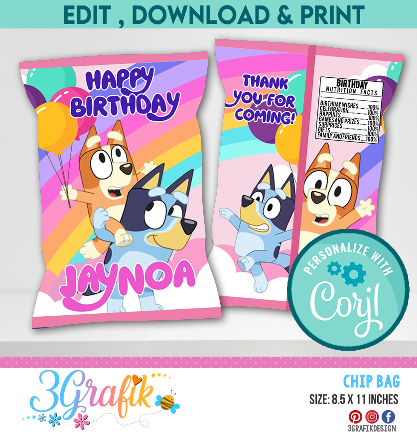 Bluey Girl Chip Bag printable | Bluey Party | Bluey Birthday party