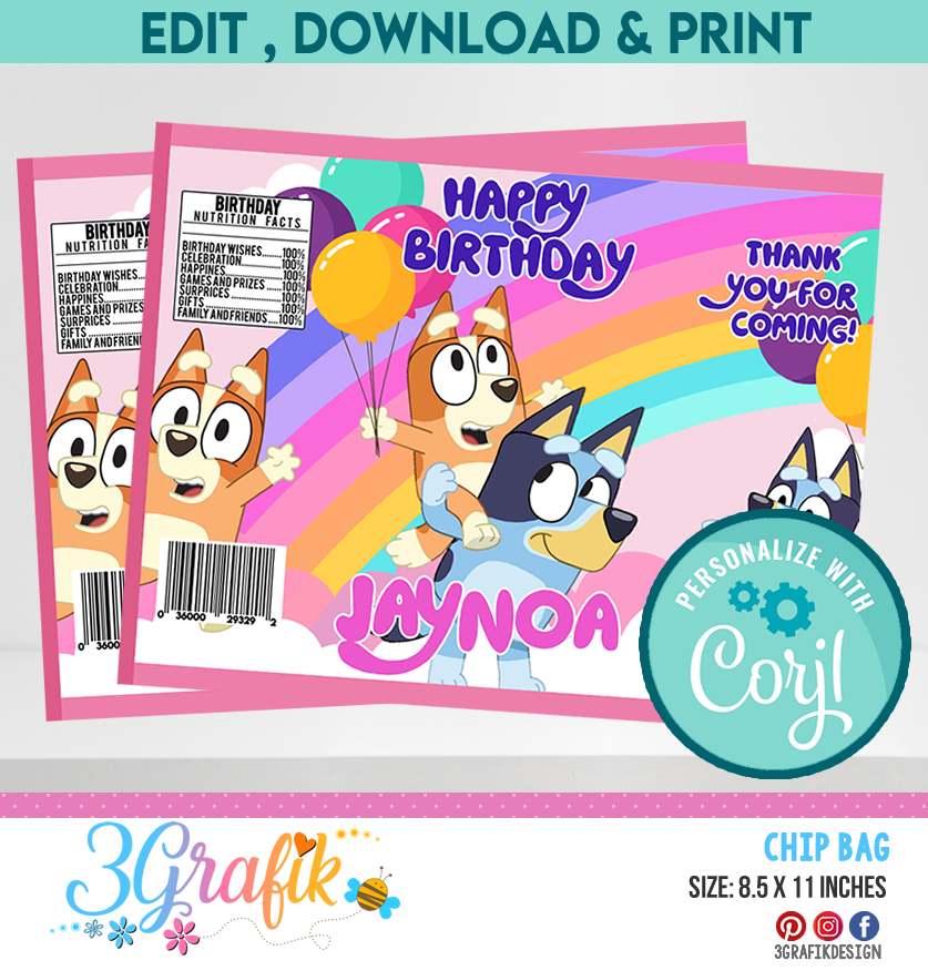 Bluey Girl Chip Bag printable | Bluey Party | Bluey Birthday party