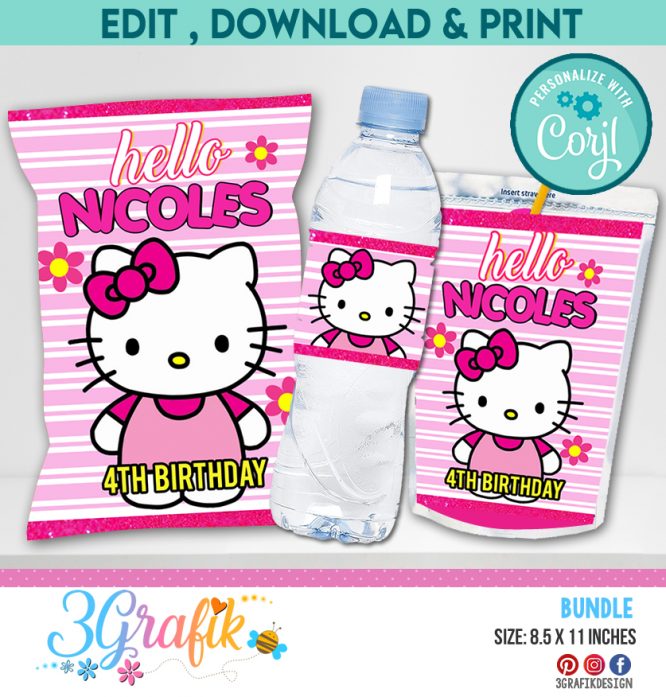 Hello Kitty Birthday bundle, hello kitty chip bag, hello kitty water label, hello kitty caprisun