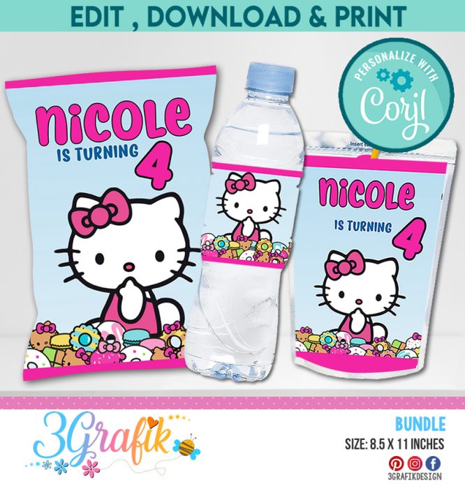 Hello Kitty Birthday bundle, hello kitty chip bag, hello kitty water label, hello kitty caprisun