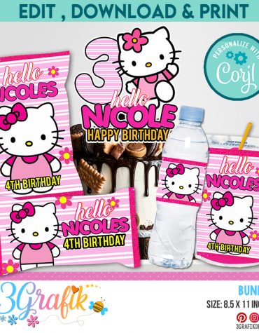 Hello Kitty Birthday bundle, hello kitty chip bag, hello kitty water label, hello kitty caprisun