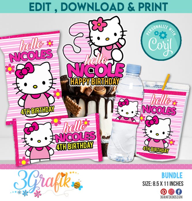 Hello Kitty Birthday bundle, hello kitty chip bag, hello kitty water label, hello kitty caprisun